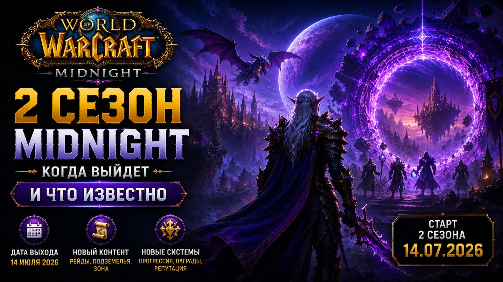 Эпический портал во второй сезон WoW Midnight с героем перед магическим разломом, фэнтезийным городом и атмосферой нового контента 2026 года.