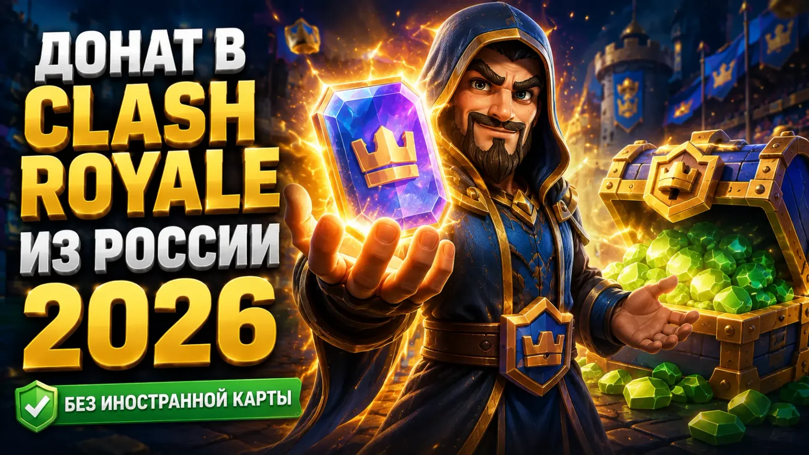 Обложка: Донат в Clash Royale из России — как задонатить, купить Pass Royale или гемы в 2026 году.