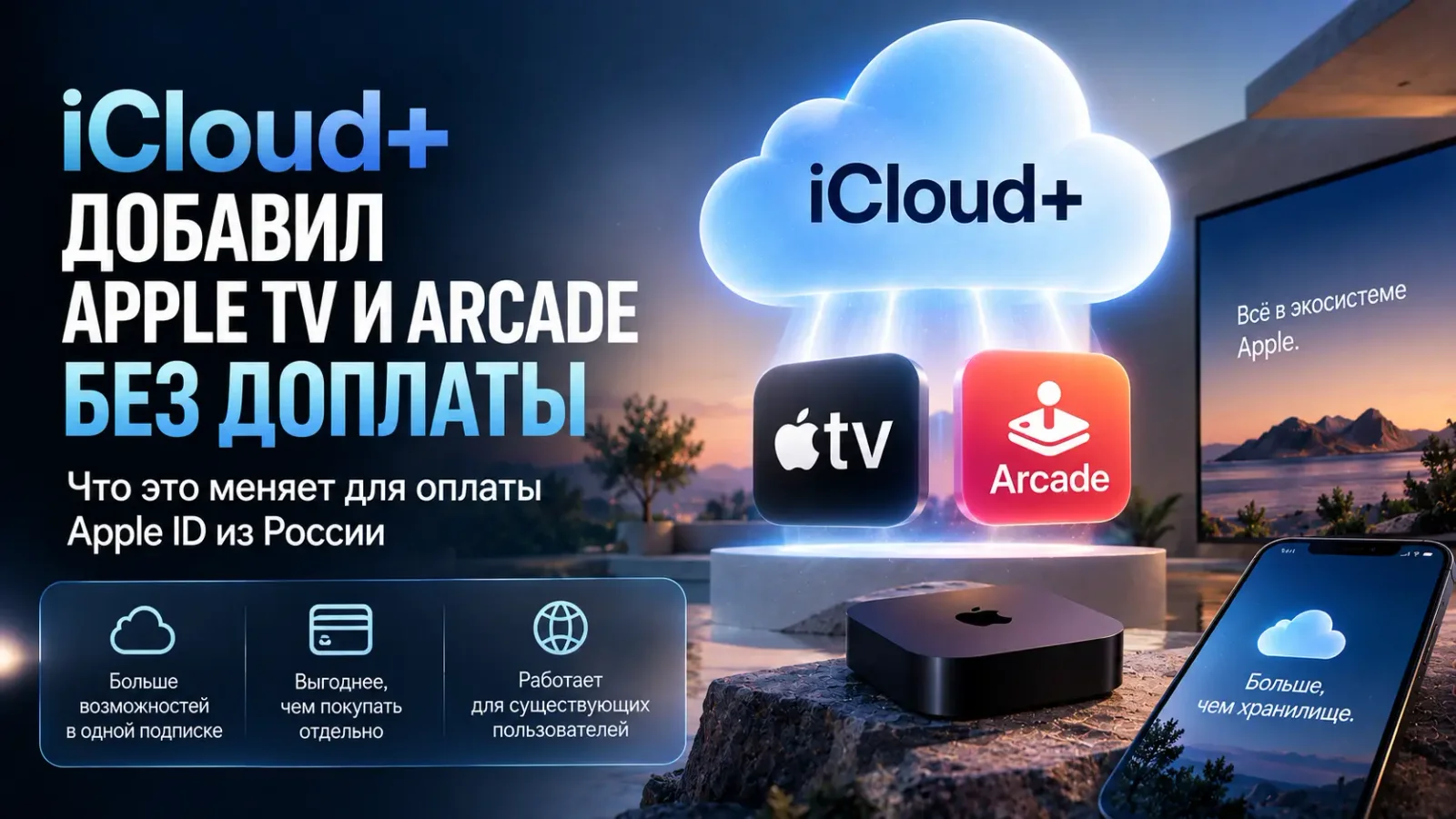 iCloud+ добавил Apple TV и Arcade без доплаты: что это меняет для оплаты Apple ID из России
