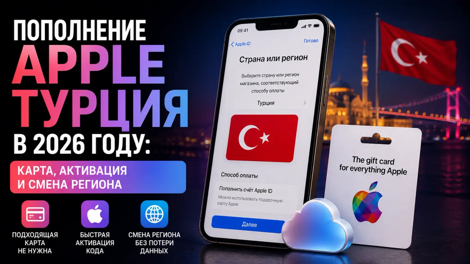Обложка: пополнение Apple Турция в 2026 году — подарочная карта Apple, активация и смена региона
