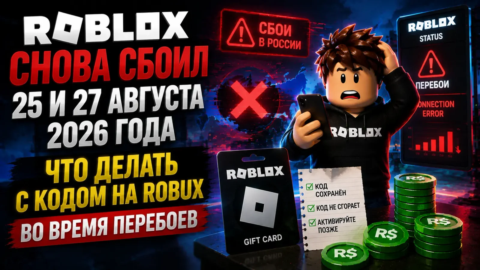Roblox снова сбоил 25 и 27 августа 2026 года: что делать с кодом на Robux во время перебоев