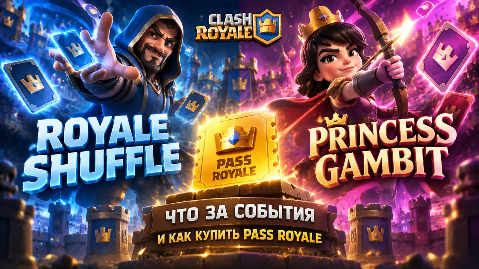 Обложка: Royale Shuffle и Princess Gambit в Clash Royale — новые события 2026 года и покупка Pass Royale из России.